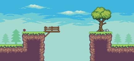 Pixel art arcade game scene with tree, bridge, fence, and clouds 8 bit vector background