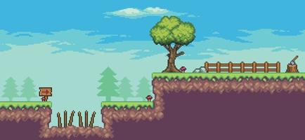 Pixel art arcade game scene with trees, fence, thorns, clouds, stones and flag 8bit background vector