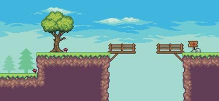 Pixel art arcade game scene with tree, bridge, wooden board, and clouds 8 bit vector background