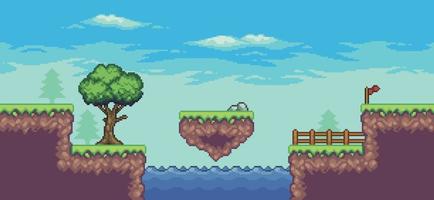 Pixel art arcade game scene with tree, lake, floating island, fence, flag and clouds 8 bit vector background