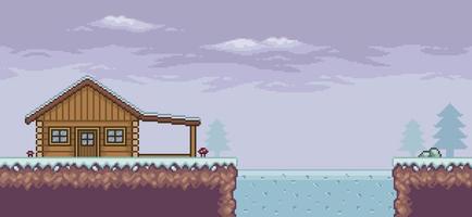 Pixel art game scene in snow with wood house, pine trees, frozen lake, clouds and 8bit background