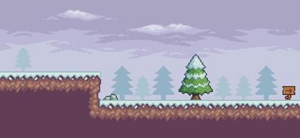escena de juego de arte de píxeles en la nieve con pinos, nubes, tablero indicativo de fondo de 8 bits vector