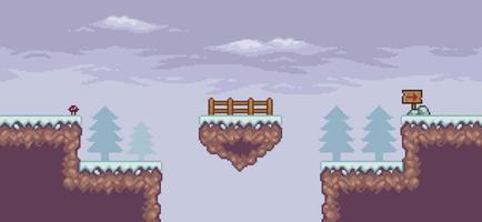 escena de juego de arte de píxeles en la nieve con plataforma flotante, valla, pinos, nubes y fondo de bandera de 8 bits vector