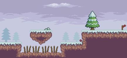 escena de juego de arte de píxeles en la nieve con plataforma flotante, pinos, nubes y fondo de bandera de 8 bits vector