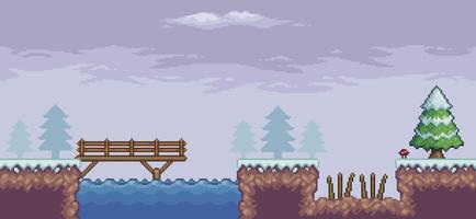 escena de juego de arte de píxeles en la nieve con pinos, puente, trampa, lago y nubes fondo vectorial de 8 bits