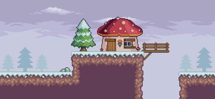 escena de juego de arte de píxeles en la nieve con pinos, casa, puente y nubes vector de fondo de 8 bits