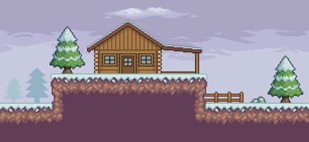 escena de juego de arte de píxeles en la nieve con pinos, casa de madera, cerca y nubes de fondo de 8 bits vector