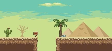 escena del juego del desierto de pixel art con palmera, pirámides, cactus, fondo de árbol de 8 bits vector