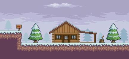 Pixel art game scene in snow pine trees, wooden house, indicative board 8bit background vector