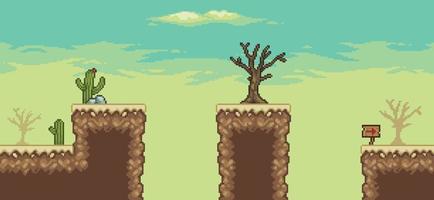 Pixel art desert game scene with dry tree, cactuses, wooden board, clouds 8bit landscape background vector
