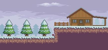 escena de juego de arte de píxeles en pinos de nieve, casa de madera, tablero indicativo de fondo de 8 bits vector