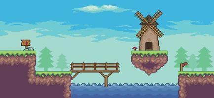 escena de juego de arcade de pixel art con plataforma flotante, molino, río, puente, árboles, cerca y nubes, 8 bits vector