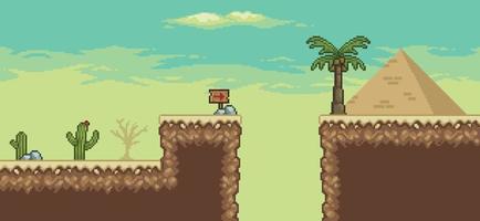 Pixel art desert game scene with  pyramid, palm tree, cactuses, dry tree 8bit background vector