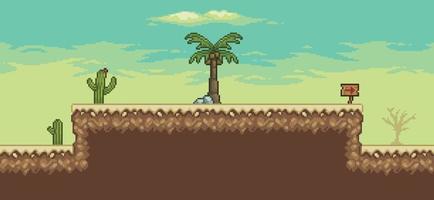 Pixel art desert game scene with palm tree, cactuses 8bit landscape background vector