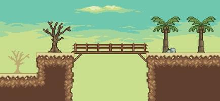 Pixel art desert game scene with palm tree, cactuses, bridge, tree 8bit background vector