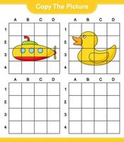 copie la imagen, copie la imagen del submarino y el pato de goma usando líneas de cuadrícula. juego educativo para niños, hoja de cálculo imprimible, ilustración vectorial vector