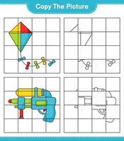 Copy the picture, copy the picture of Kite and Water Gun using grid lines. Educational children game, printable worksheet, vector illustration