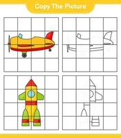 copie la imagen, copie la imagen del avión y el cohete usando líneas de cuadrícula. juego educativo para niños, hoja de cálculo imprimible, ilustración vectorial vector