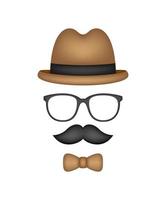 bigote, pajarita, sombrero y gafas aislado sobre fondo blanco. vector