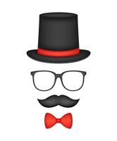 bigote, pajarita, sombrero y gafas aislado sobre fondo blanco. vector