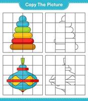 Copy the picture, copy the picture of Pyramid Toy and Whirligig Toy using grid lines. Educational children game, printable worksheet, vector illustration