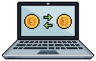 Pixel art laptop buying bitcoin. Dollar transfer to bitcoin. Investment in cryptocurrencies 8bit vector on white background