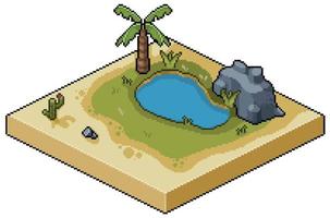 Pixel art isometric oasis desert with lake, grass, palm tree, cactus and stones 8bit game scenario vector