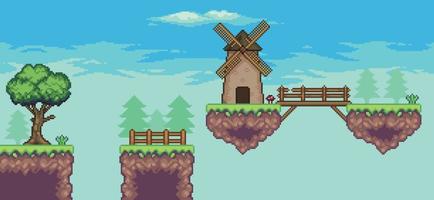 Pixel art arcade game scene with floating platform, mill, bridge, trees, fence and clouds, 8bit background vector