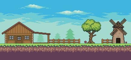 Pixel art arcade game scene with house, mill, trees, fence e clouds 8 bit vector background