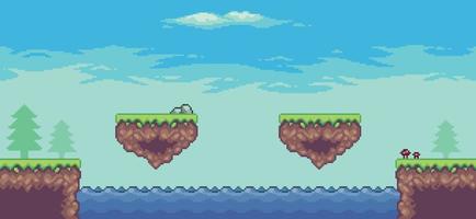 Pixel art arcade game scene with trees, floating platform, lake and clouds 8bit background vector