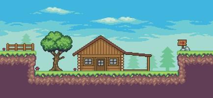 Pixel art arcade game scene with house, trees, board, fence e clouds 8 bit vector background