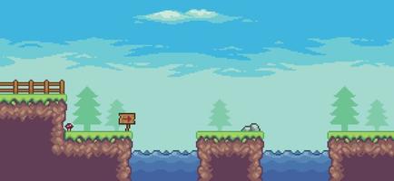 Pixel art arcade game scene with tree, lake, board, fence, and clouds 8 bit vector background