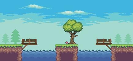 Pixel art arcade game scene with tree, lake, bridge, fence, and clouds 8 bit vector background