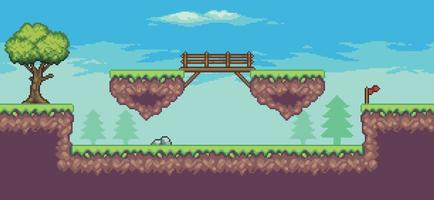Pixel art arcade game scene with floating platform, trees, bridge and clouds 8bit background vector