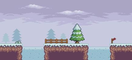 escena de juego de arte de píxeles en la nieve con pinos, puente, valla, lago congelado y nubes de fondo vectorial de 8 bits