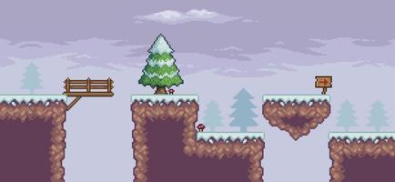 Pixel art game scene in snow with pine trees, floating island, bridge, and clouds 8 bit vector background