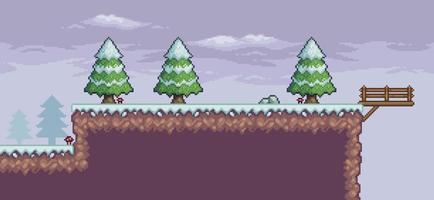 escena de juego de arte de píxeles en la nieve con pinos, puente y nubes fondo de 8 bits vector