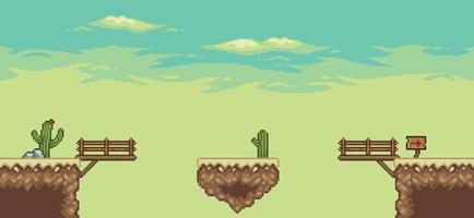 escena del juego del desierto de pixel art con cactus, puente, fondo de paisaje de isla flotante de 8 bits vector