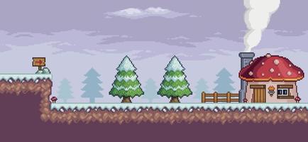 escena de juego de arte de píxeles en la nieve con pinos, casa, cerca y nubes vector de fondo de 8 bits