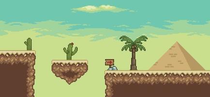 escena de juego del desierto de pixel art con pirámide, palmera, cactus, fondo de isla flotante de 8 bits vector