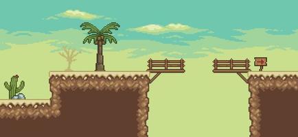 escena del juego del desierto de pixel art con palmera, puente, cactus, tablero de dirección de fondo de 8 bits vector