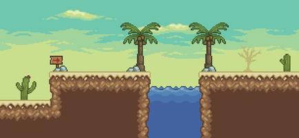 Pixel art desert game scene with  , oasis, palm tree, cactuses, direction board 8bit background vector