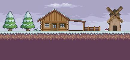 Pixel art game scene in snow with wood house, mill, pine trees and clouds 8bit background vector