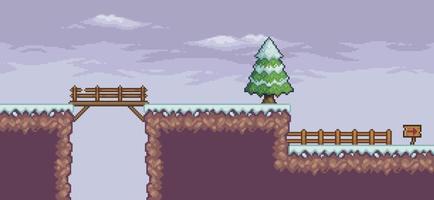 Pixel art game scene in snow with pine trees, bridge, fence, clouds and 8bit background vector