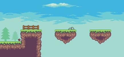 Pixel art arcade game scene with floating platform, trees, fence, clouds,  and flag 8bit background vector