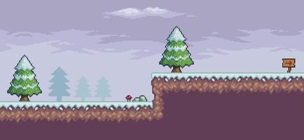 Pixel art game scene in snow with pine trees, clouds, indicative board 8bit background vector