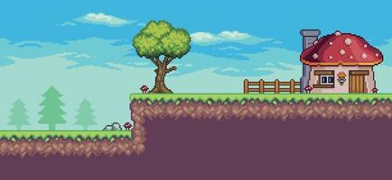 Pixel art arcade game scene with tree, fence and clouds 8 bit vector background