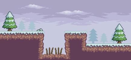 Pixel art game scene in snow with pine trees, trap and clouds 8bit background vector