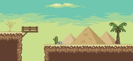 Pixel art desert game scene with  , pyramid, bridge, palm tree, cactuses, direction board 8bit background vector