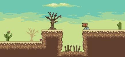 escena del juego del desierto de pixel art con cactus, trampa, árbol seco, tablero de dirección de fondo de 8 bits vector